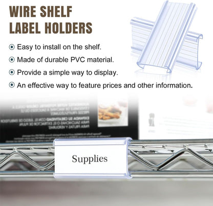 100Pcs Wire Shelf Label Holders with 100Pcs Label Paper Inserts, Plastic Wire Rack Label Holder Compatible with Metro and Nexel 1-1/4in Shelves, Label Area 3in Lx1.25in H