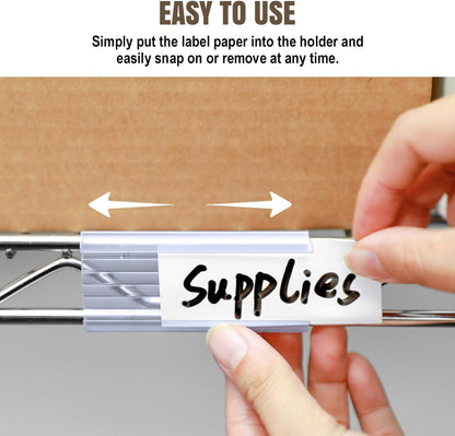 100Pcs Wire Shelf Label Holders with 100Pcs Label Paper Inserts, Plastic Wire Rack Label Holder Compatible with Metro and Nexel 1-1/4in Shelves, Label Area 3in Lx1.25in H