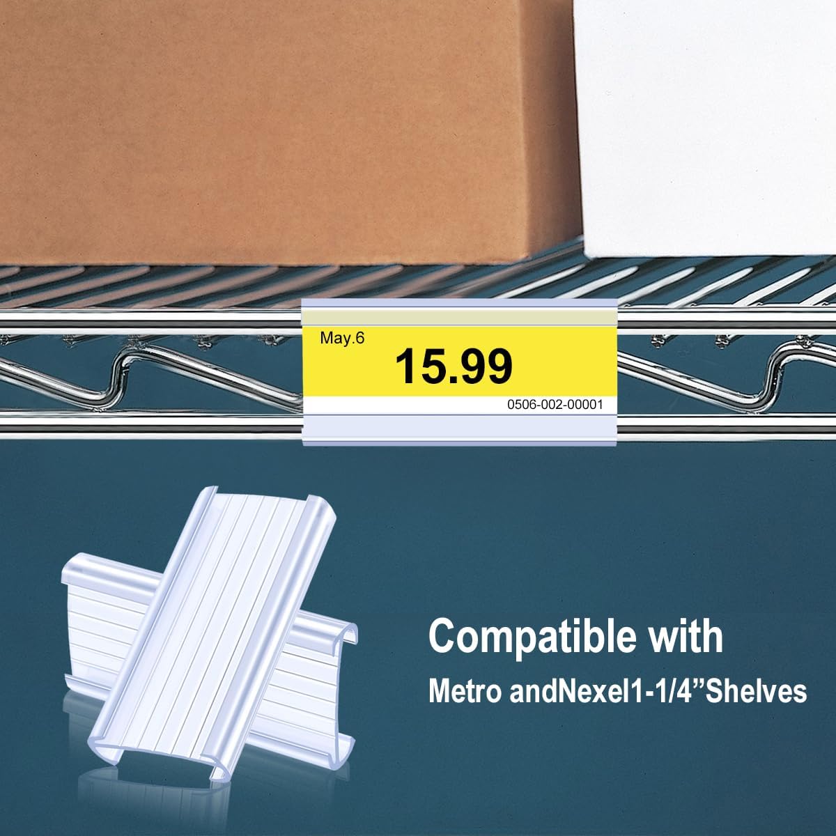 100Pcs Wire Shelf Label Holders with 100Pcs Label Paper Inserts, Plastic Wire Rack Label Holder Compatible with Metro and Nexel 1-1/4in Shelves, Label Area 3in Lx1.25in H