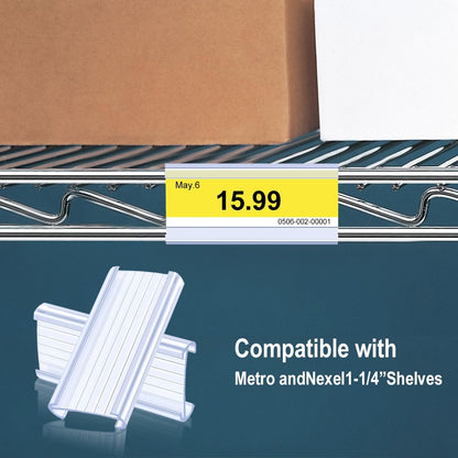 100Pcs Wire Shelf Label Holders with 100Pcs Label Paper Inserts, Plastic Wire Rack Label Holder Compatible with Metro and Nexel 1-1/4in Shelves, Label Area 3in Lx1.25in H