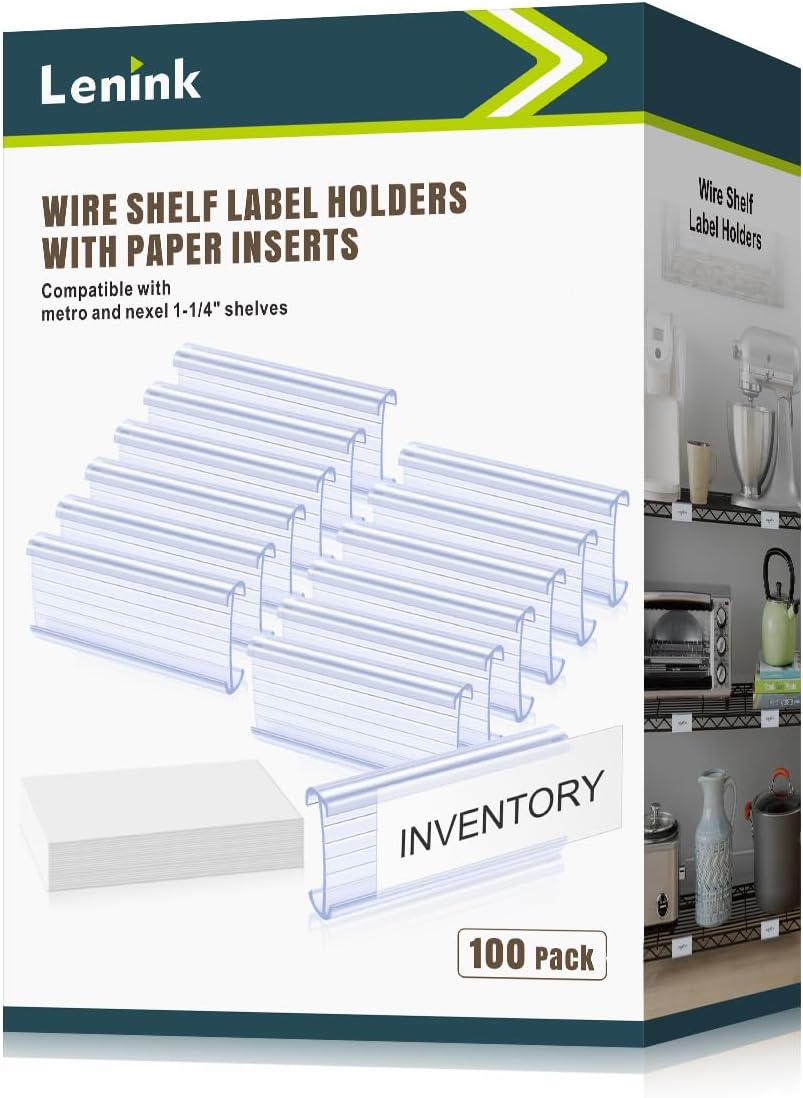 100Pcs Wire Shelf Label Holders with 100Pcs Label Paper Inserts, Plastic Wire Rack Label Holder Compatible with Metro and Nexel 1-1/4in Shelves, Label Area 3in Lx1.25in H