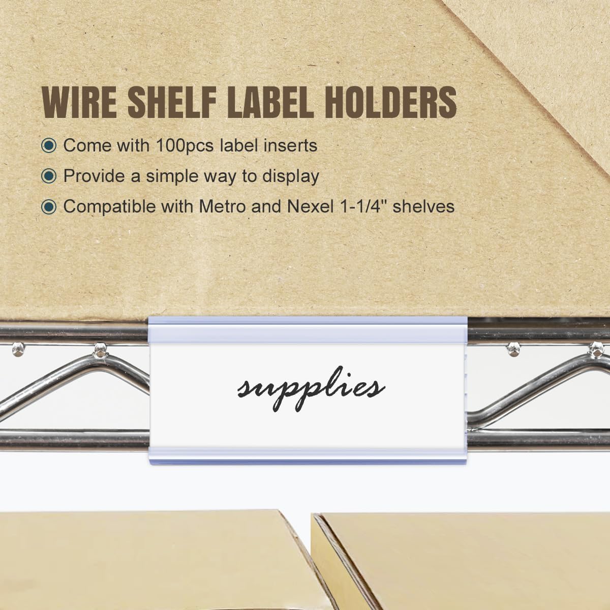 100Pcs Wire Shelf Label Holders with 100Pcs Label Paper Inserts, Plastic Wire Rack Label Holder Compatible with Metro and Nexel 1-1/4in Shelves, Label Area 3in Lx1.25in H