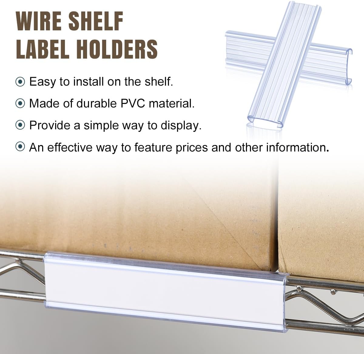 100Pcs Wire Shelf Label Holders with 100Pcs Label Paper Inserts, Plastic Wire Rack Label Holder Compatible with Metro and Nexel 1-1/4in Shelves, Label Area 3in Lx1.25in H