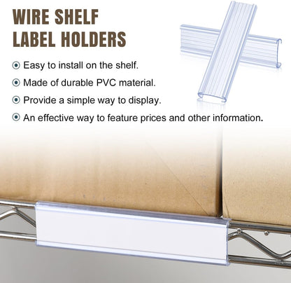 100Pcs Wire Shelf Label Holders with 100Pcs Label Paper Inserts, Plastic Wire Rack Label Holder Compatible with Metro and Nexel 1-1/4in Shelves, Label Area 3in Lx1.25in H
