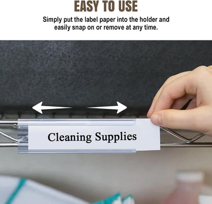 100Pcs Wire Shelf Label Holders with 100Pcs Label Paper Inserts, Plastic Wire Rack Label Holder Compatible with Metro and Nexel 1-1/4in Shelves, Label Area 3in Lx1.25in H