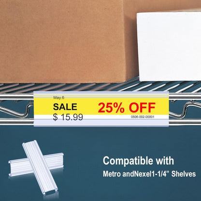 100Pcs Wire Shelf Label Holders with 100Pcs Label Paper Inserts, Plastic Wire Rack Label Holder Compatible with Metro and Nexel 1-1/4in Shelves, Label Area 3in Lx1.25in H