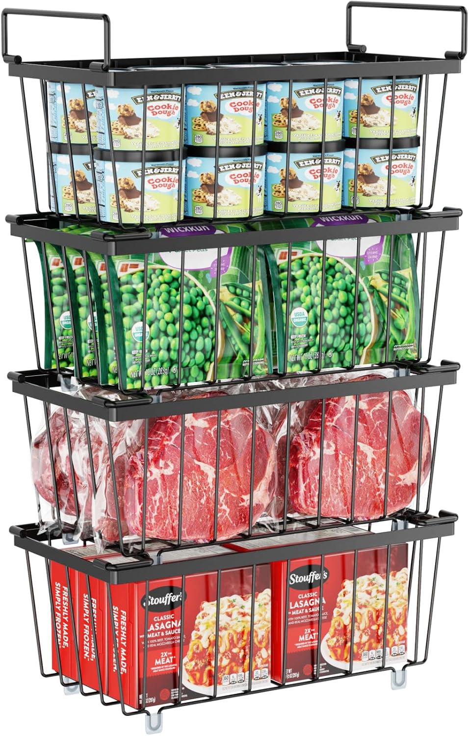 Freezer Organizer Bins - Storage Baskets for 5 to 7 Cu.Ft | Easy Access Handles, Steel Wire Baskets, Vertical Storage for Frozen Food, Sorts Meat, Vegetables and Small Packages, Home