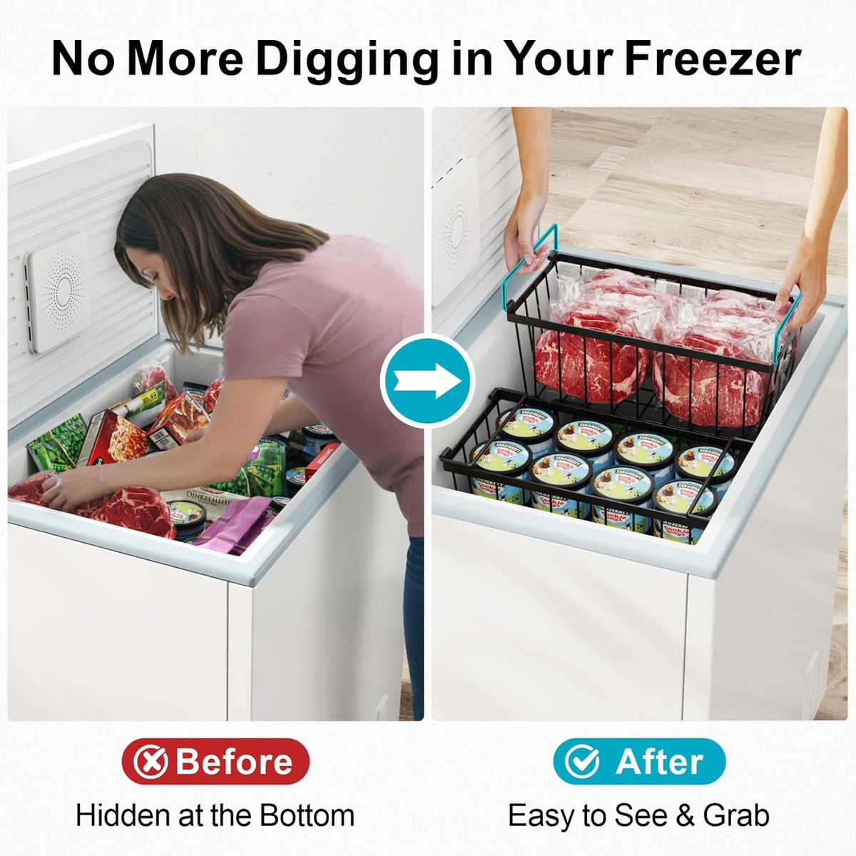 Freezer Organizer Bins - Storage Baskets for 5 to 7 Cu.Ft | Easy Access Handles, Steel Wire Baskets, Vertical Storage for Frozen Food, Sorts Meat, Vegetables and Small Packages, Home