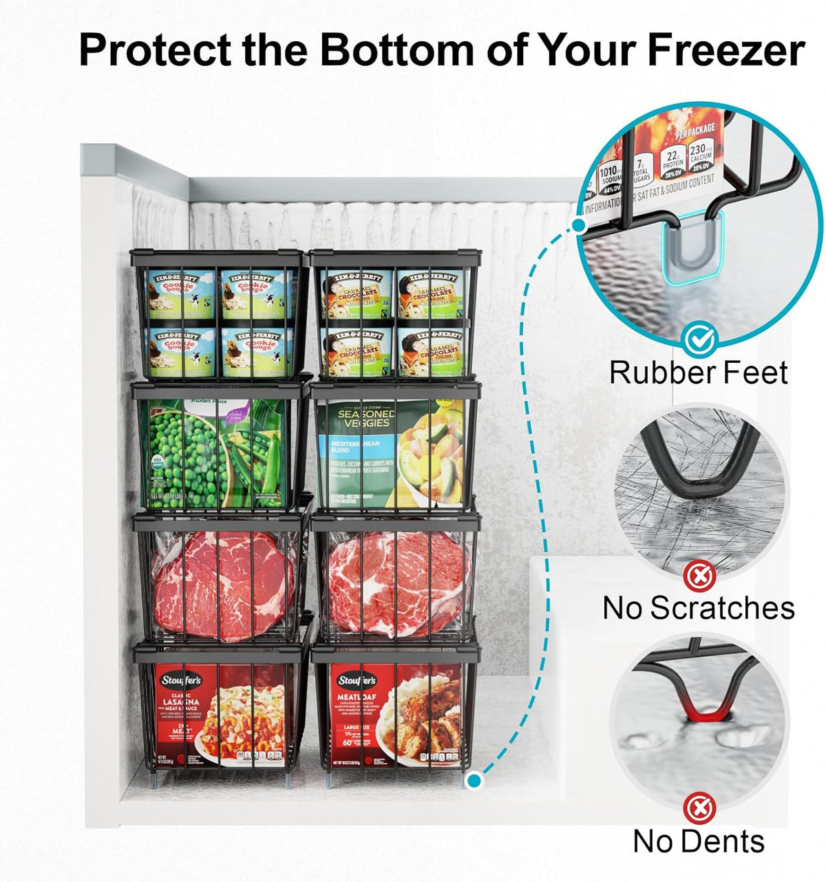 Freezer Organizer Bins - Storage Baskets for 5 to 7 Cu.Ft | Easy Access Handles, Steel Wire Baskets, Vertical Storage for Frozen Food, Sorts Meat, Vegetables and Small Packages, Home