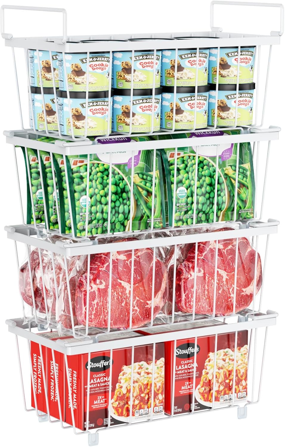 Freezer Organizer Bins - Storage Baskets for 5 to 7 Cu.Ft | Easy Access Handles, Steel Wire Baskets, Vertical Storage for Frozen Food, Sorts Meat, Vegetables and Small Packages, Home