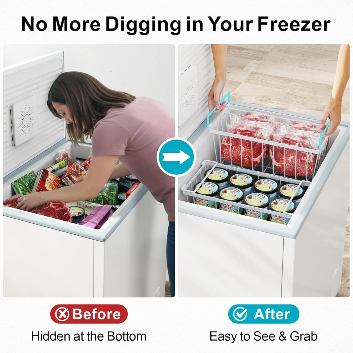Freezer Organizer Bins - Storage Baskets for 5 to 7 Cu.Ft | Easy Access Handles, Steel Wire Baskets, Vertical Storage for Frozen Food, Sorts Meat, Vegetables and Small Packages, Home