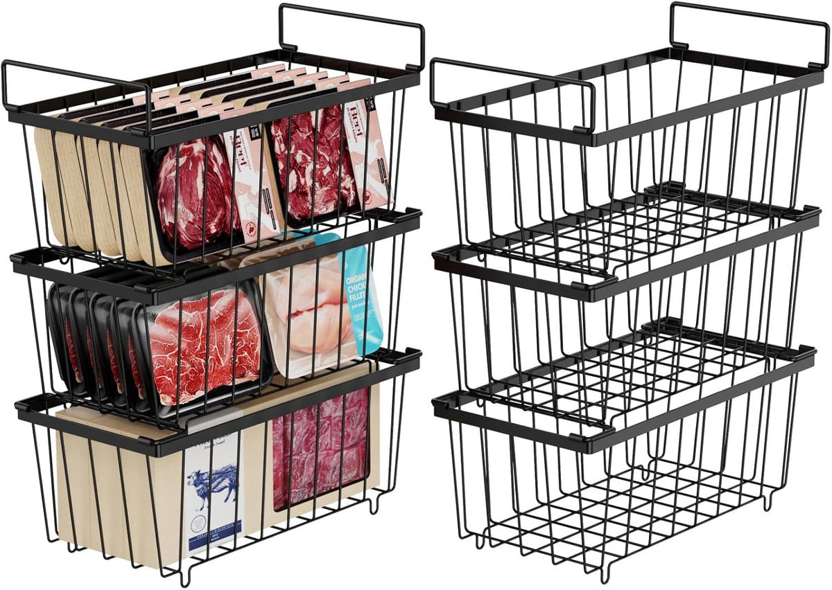 Freezer Organizer Bins - Storage Baskets for 5 to 7 Cu.Ft | Easy Access Handles, Steel Wire Baskets, Vertical Storage for Frozen Food, Sorts Meat, Vegetables and Small Packages, Home
