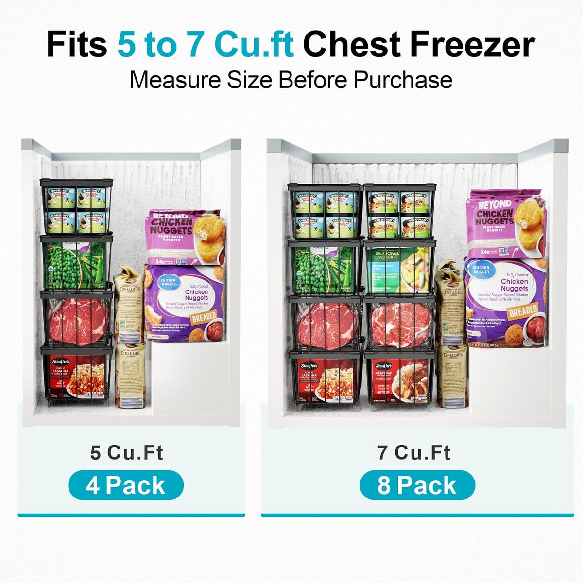 Freezer Organizer Bins - Storage Baskets for 5 to 7 Cu.Ft | Easy Access Handles, Steel Wire Baskets, Vertical Storage for Frozen Food, Sorts Meat, Vegetables and Small Packages, Home