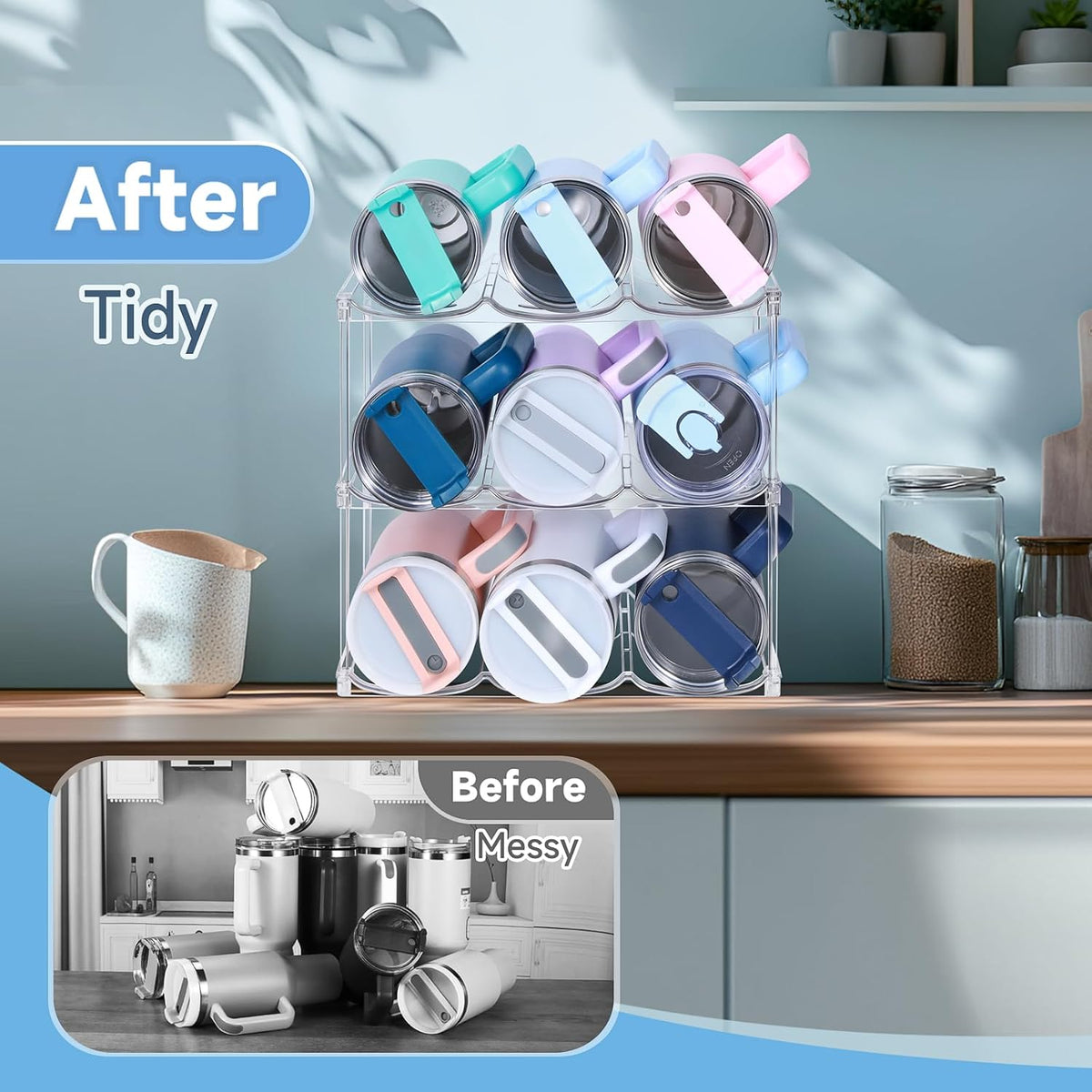Stackable Water Bottle Organizer for Stanley 40 oz Tumbler, Water Bottle Holder for Cabinet, Pantry Kitchen Organizers and Storage for Stanley Cup Accessories, Tumbler Organizer and Wine Rack, 3Pack