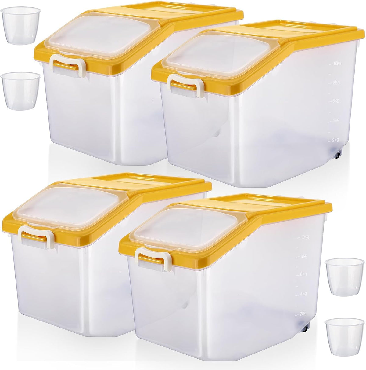4 Pcs Rice Storage Container Bulk 27.6 lb Airtight Flour Container with Wheels and Lids Measuring Cup Clear Pet Food Dog Birds Cat Food Bin Grain Cereal Organizer Box(Yellow)