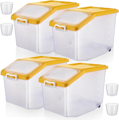 4 Pcs Rice Storage Container Bulk 27.6 lb Airtight Flour Container with Wheels and Lids Measuring Cup Clear Pet Food Dog Birds Cat Food Bin Grain Cereal Organizer Box(Yellow)