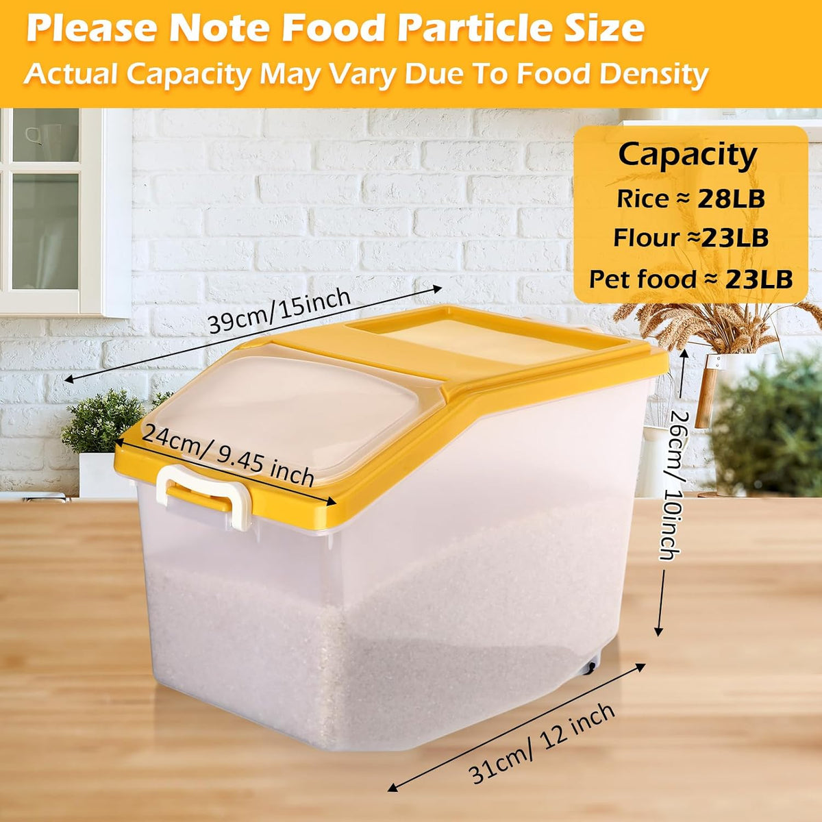 4 Pcs Rice Storage Container Bulk 27.6 lb Airtight Flour Container with Wheels and Lids Measuring Cup Clear Pet Food Dog Birds Cat Food Bin Grain Cereal Organizer Box(Yellow)