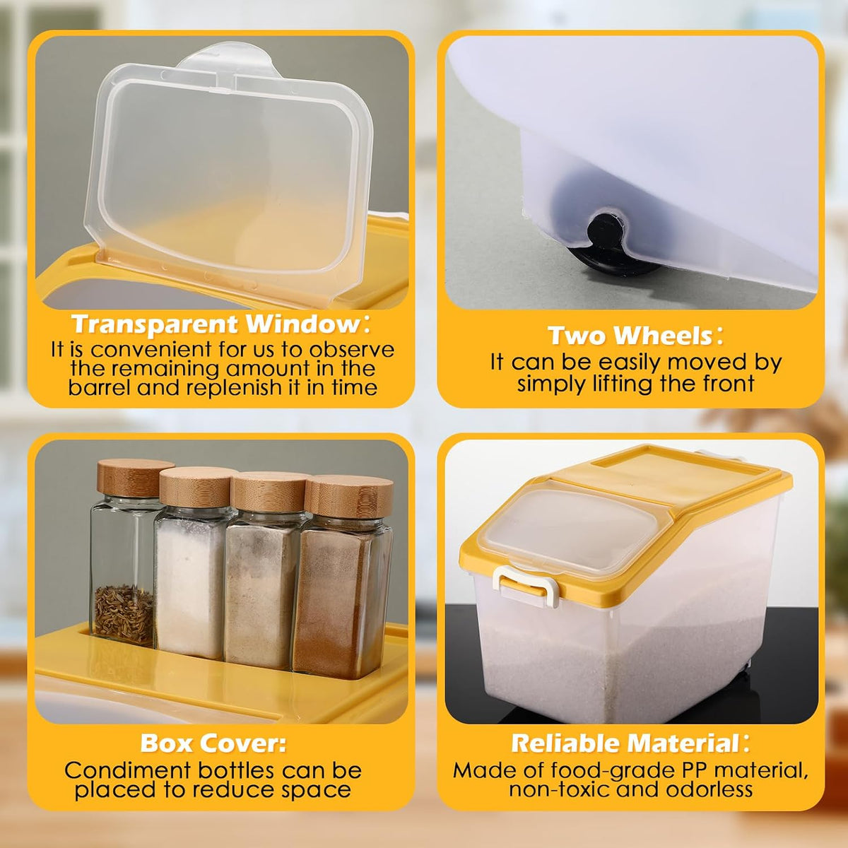 4 Pcs Rice Storage Container Bulk 27.6 lb Airtight Flour Container with Wheels and Lids Measuring Cup Clear Pet Food Dog Birds Cat Food Bin Grain Cereal Organizer Box(Yellow)