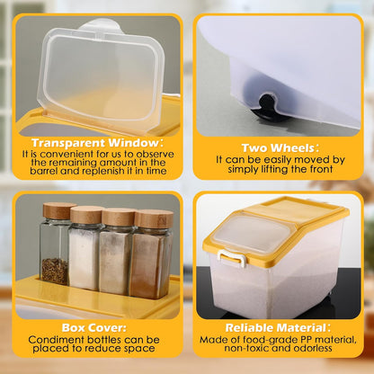 4 Pcs Rice Storage Container Bulk 27.6 lb Airtight Flour Container with Wheels and Lids Measuring Cup Clear Pet Food Dog Birds Cat Food Bin Grain Cereal Organizer Box(Yellow)