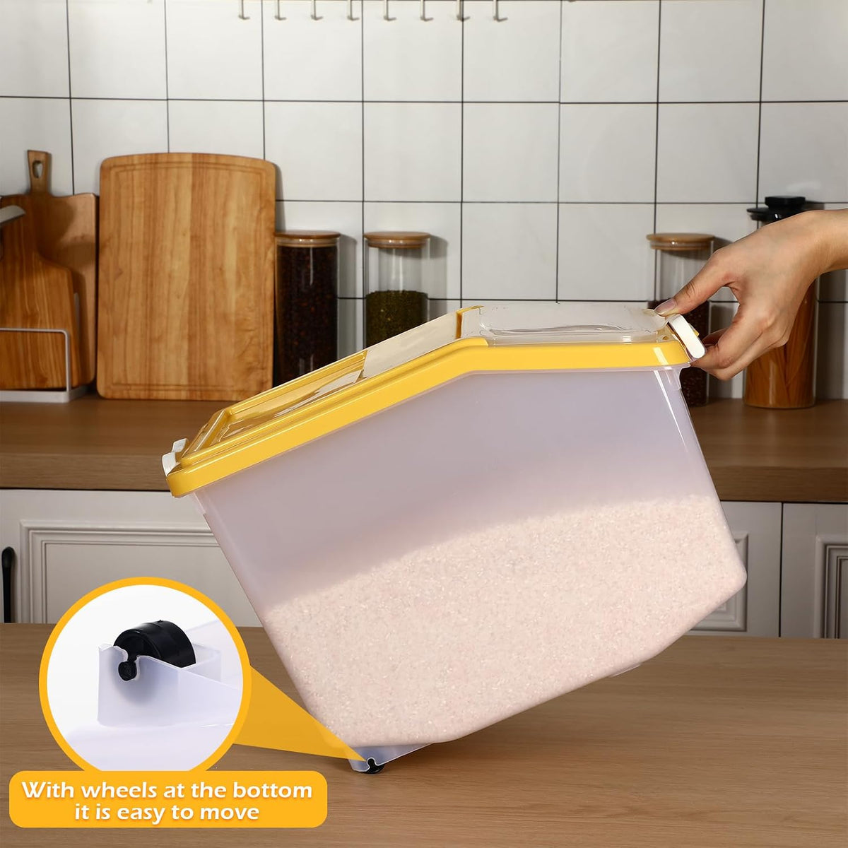 4 Pcs Rice Storage Container Bulk 27.6 lb Airtight Flour Container with Wheels and Lids Measuring Cup Clear Pet Food Dog Birds Cat Food Bin Grain Cereal Organizer Box(Yellow)
