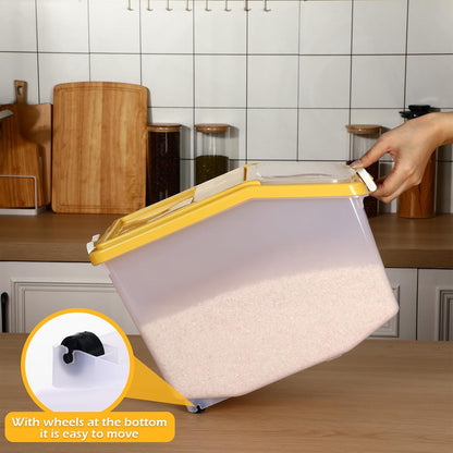 4 Pcs Rice Storage Container Bulk 27.6 lb Airtight Flour Container with Wheels and Lids Measuring Cup Clear Pet Food Dog Birds Cat Food Bin Grain Cereal Organizer Box(Yellow)