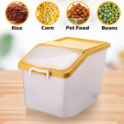 4 Pcs Rice Storage Container Bulk 27.6 lb Airtight Flour Container with Wheels and Lids Measuring Cup Clear Pet Food Dog Birds Cat Food Bin Grain Cereal Organizer Box(Yellow)