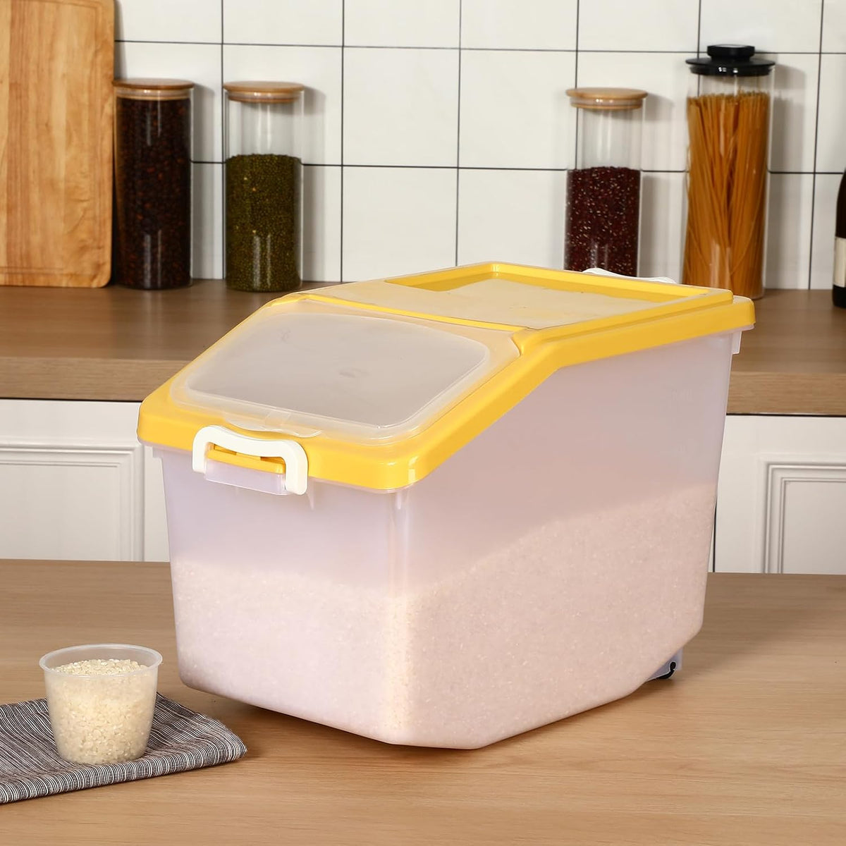 4 Pcs Rice Storage Container Bulk 27.6 lb Airtight Flour Container with Wheels and Lids Measuring Cup Clear Pet Food Dog Birds Cat Food Bin Grain Cereal Organizer Box(Yellow)