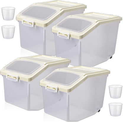 4 Pcs Rice Storage Container Bulk 27.6 lb Airtight Flour Container with Wheels and Lids Measuring Cup Clear Pet Food Dog Birds Cat Food Bin Grain Cereal Organizer Box(Yellow)