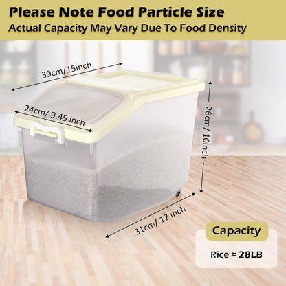 4 Pcs Rice Storage Container Bulk 27.6 lb Airtight Flour Container with Wheels and Lids Measuring Cup Clear Pet Food Dog Birds Cat Food Bin Grain Cereal Organizer Box(Yellow)