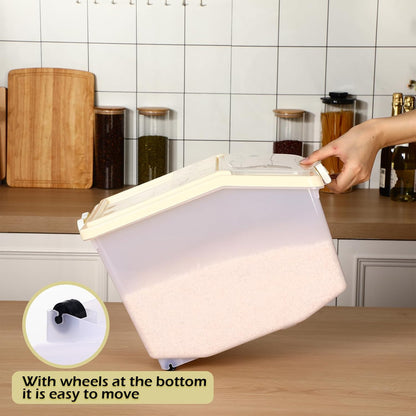 4 Pcs Rice Storage Container Bulk 27.6 lb Airtight Flour Container with Wheels and Lids Measuring Cup Clear Pet Food Dog Birds Cat Food Bin Grain Cereal Organizer Box(Yellow)