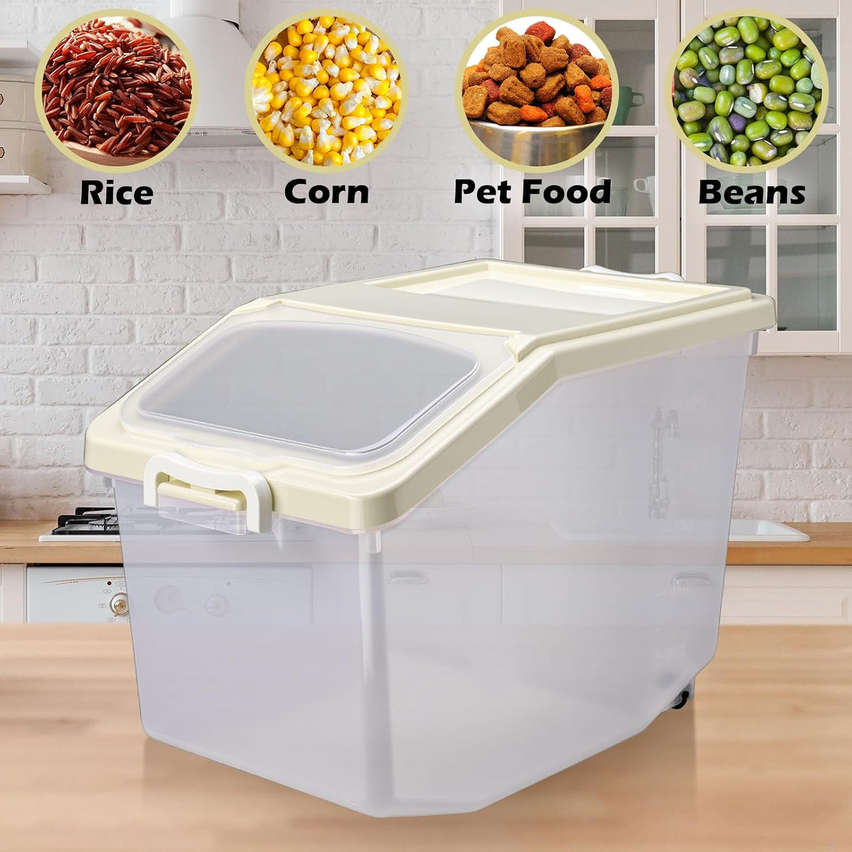 4 Pcs Rice Storage Container Bulk 27.6 lb Airtight Flour Container with Wheels and Lids Measuring Cup Clear Pet Food Dog Birds Cat Food Bin Grain Cereal Organizer Box(Yellow)