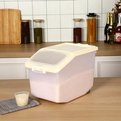 4 Pcs Rice Storage Container Bulk 27.6 lb Airtight Flour Container with Wheels and Lids Measuring Cup Clear Pet Food Dog Birds Cat Food Bin Grain Cereal Organizer Box(Yellow)