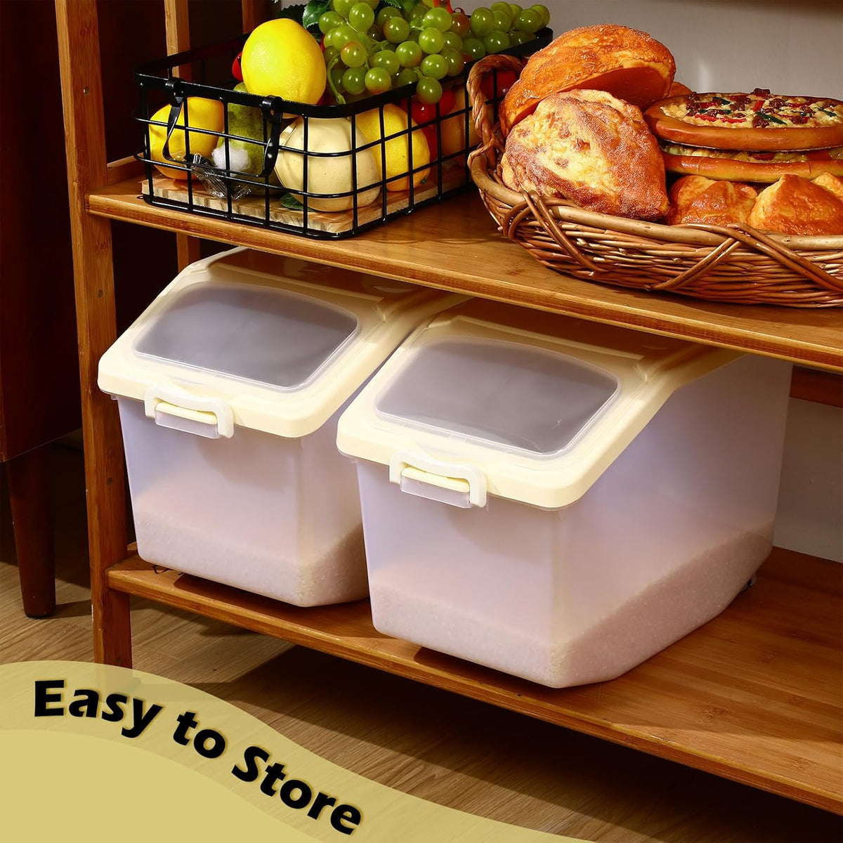 4 Pcs Rice Storage Container Bulk 27.6 lb Airtight Flour Container with Wheels and Lids Measuring Cup Clear Pet Food Dog Birds Cat Food Bin Grain Cereal Organizer Box(Yellow)