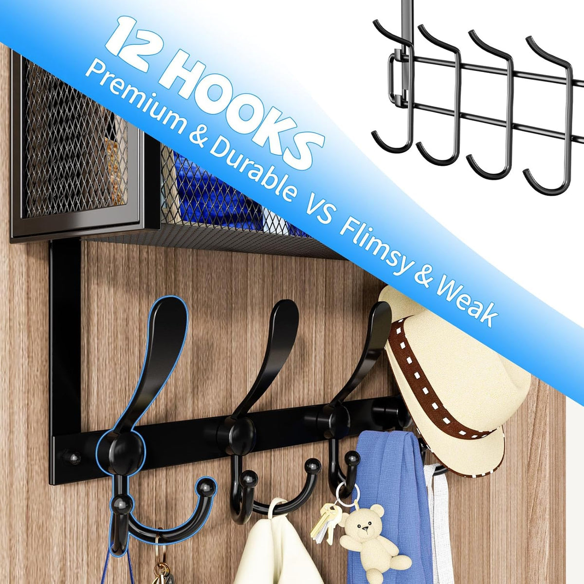 Over The Door Hooks Organizer, Coat Rack Over The Door Storage Hanger Towel Rack, Back of Door Storage Organizer for Bathroom,Bedroom,Kitchen,Office (Black, 3-Tier)