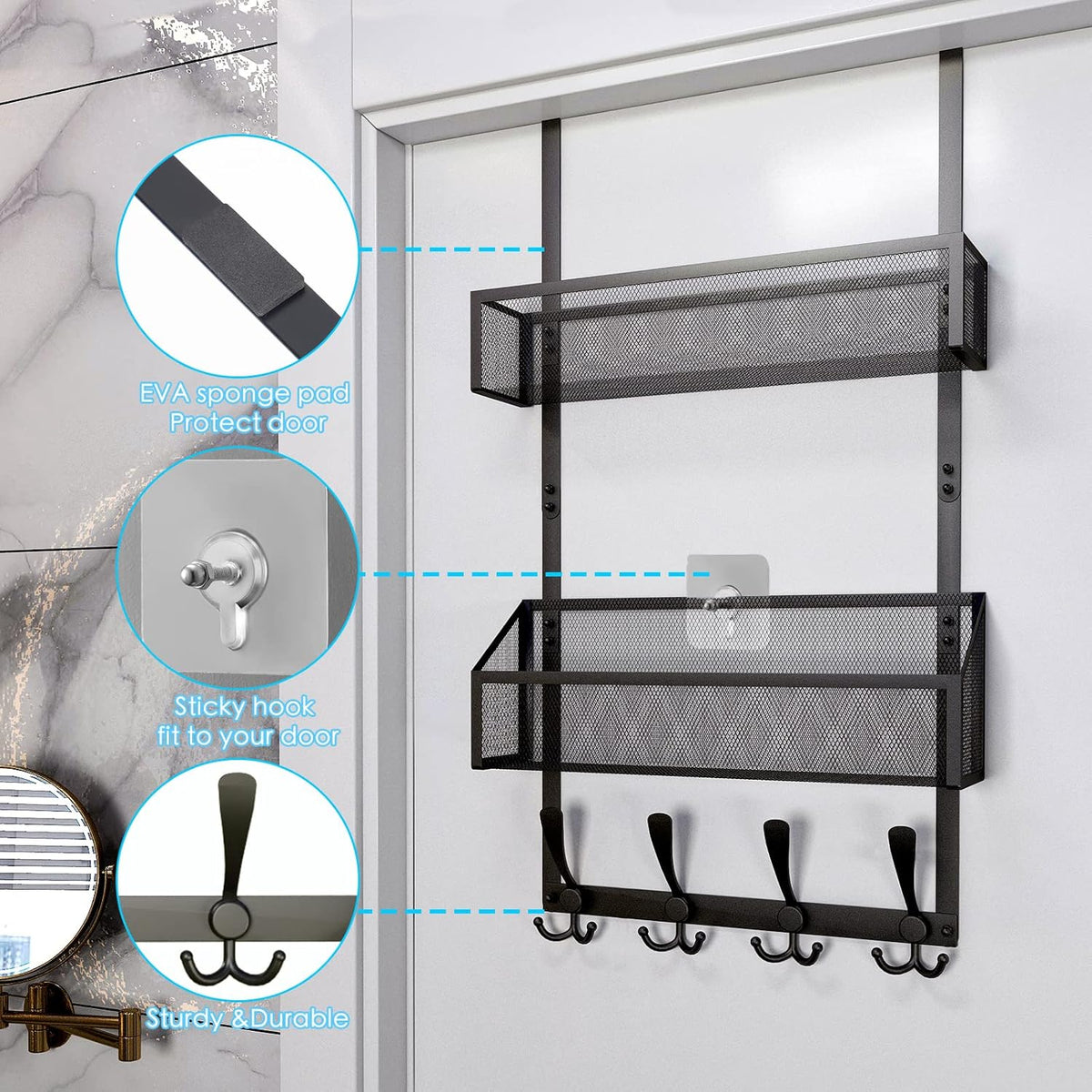Over The Door Hooks Organizer, Coat Rack Over The Door Storage Hanger Towel Rack, Back of Door Storage Organizer for Bathroom,Bedroom,Kitchen,Office (Black, 3-Tier)