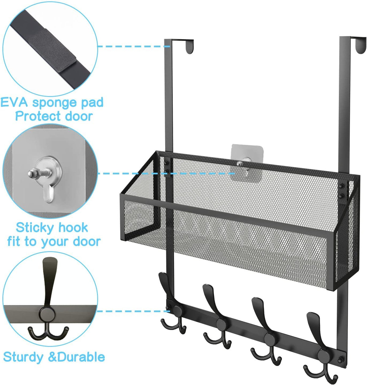 Over The Door Hooks Organizer, Coat Rack Over The Door Storage Hanger Towel Rack, Back of Door Storage Organizer for Bathroom,Bedroom,Kitchen,Office (Black, 3-Tier)