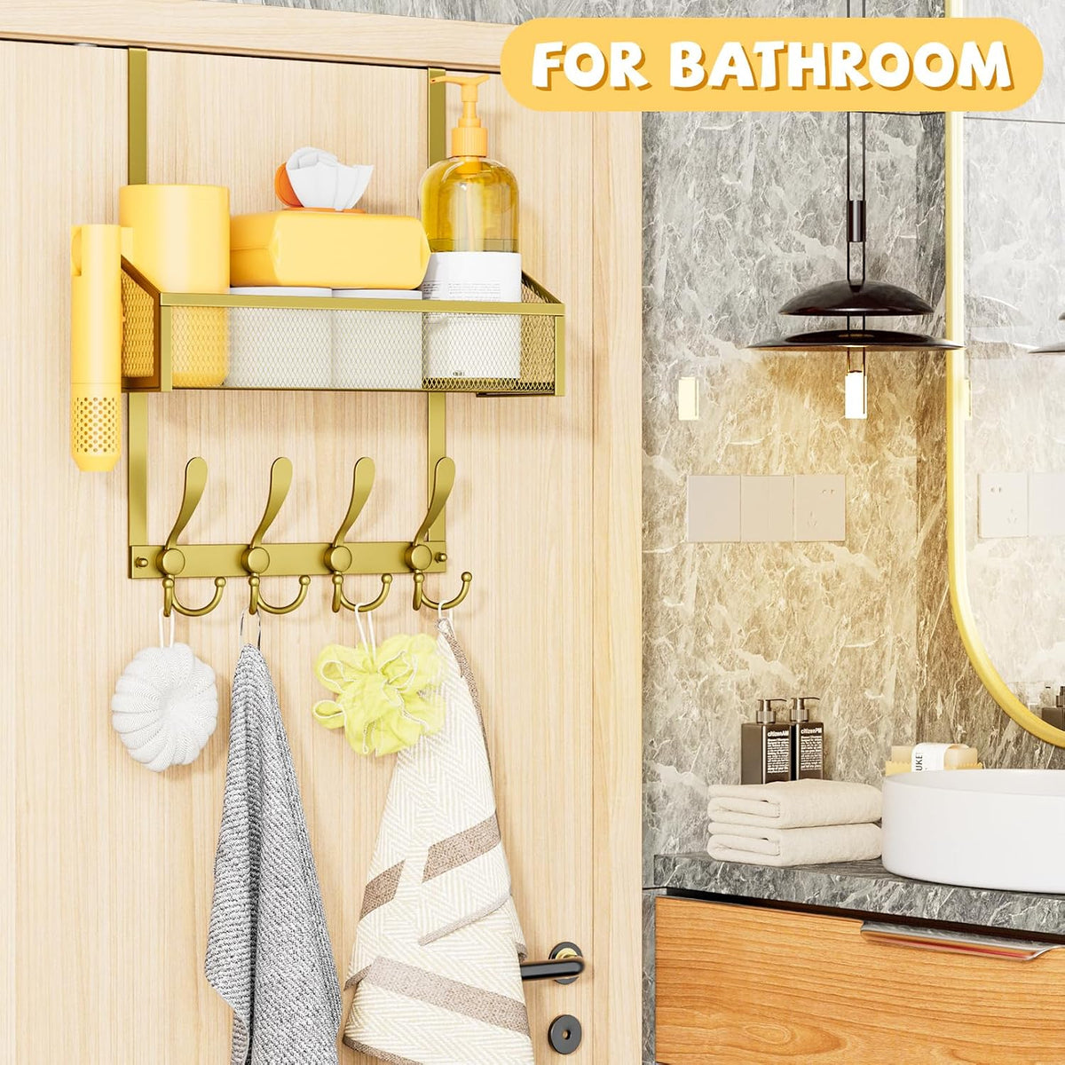 Over The Door Hooks Organizer, Coat Rack Over The Door Storage Hanger Towel Rack, Back of Door Storage Organizer for Bathroom,Bedroom,Kitchen,Office (Black, 3-Tier)