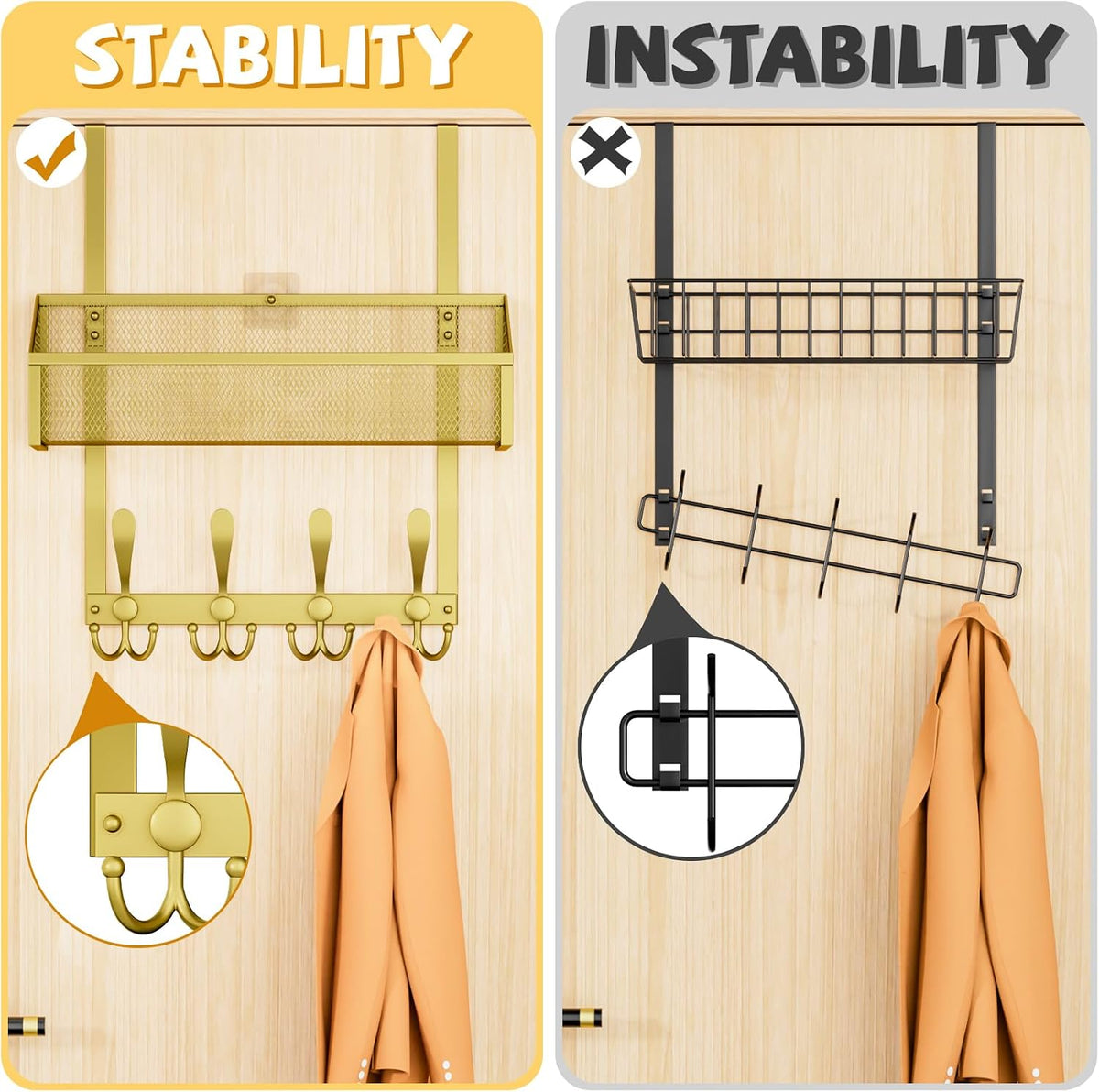 Over The Door Hooks Organizer, Coat Rack Over The Door Storage Hanger Towel Rack, Back of Door Storage Organizer for Bathroom,Bedroom,Kitchen,Office (Black, 3-Tier)
