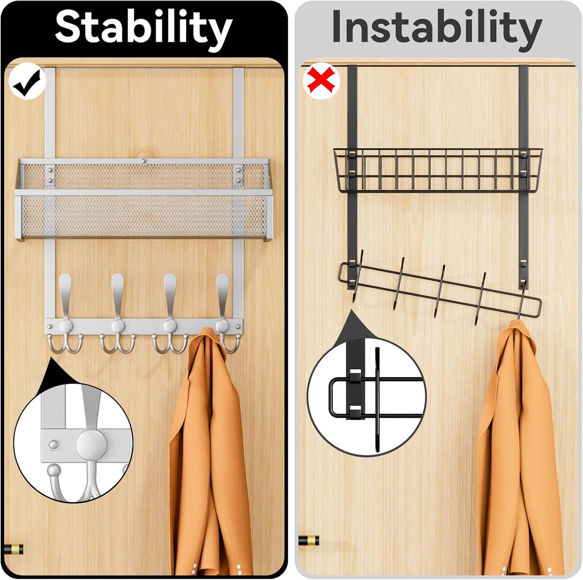 Over The Door Hooks Organizer, Coat Rack Over The Door Storage Hanger Towel Rack, Back of Door Storage Organizer for Bathroom,Bedroom,Kitchen,Office (Black, 3-Tier)