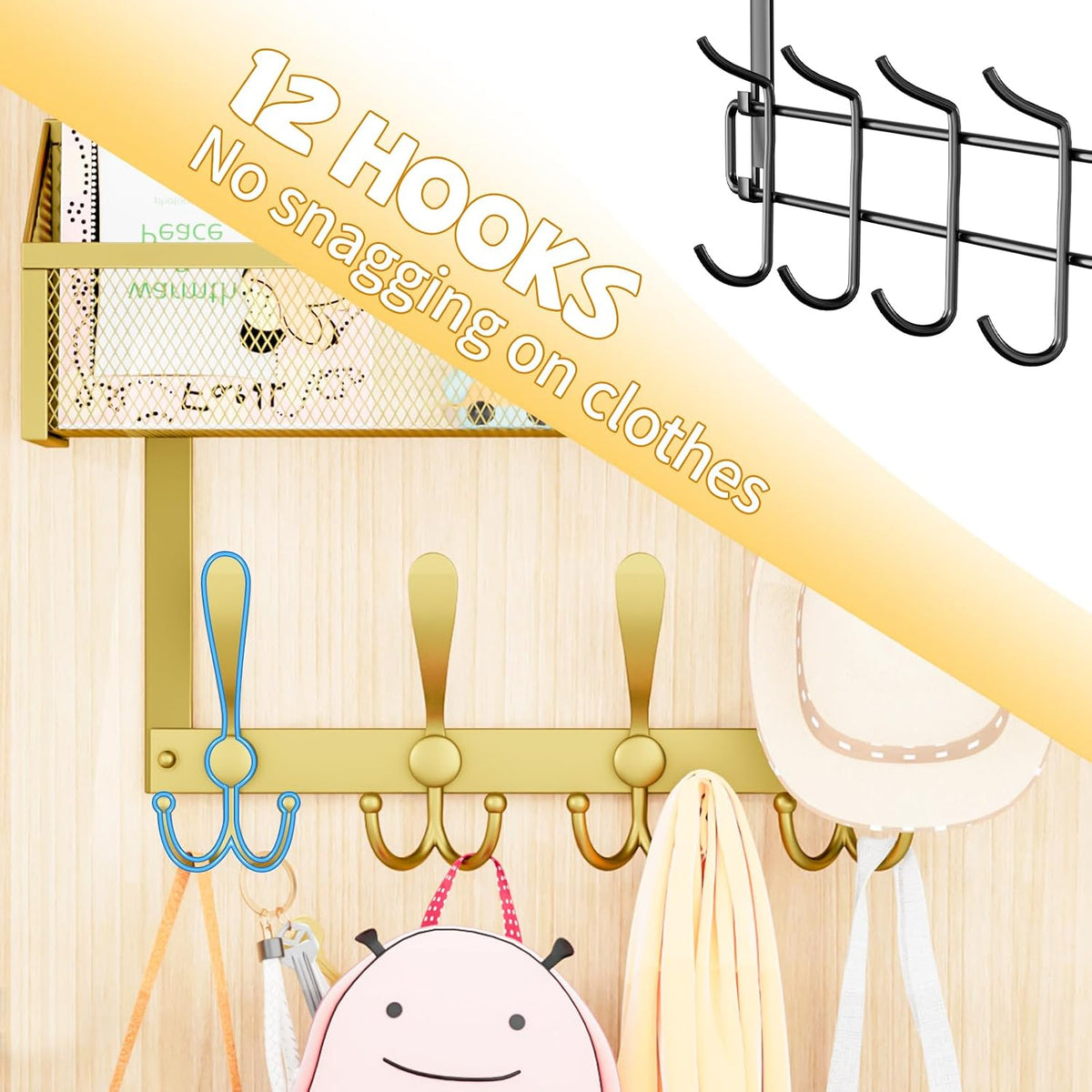 Over The Door Hooks Organizer, Coat Rack Over The Door Storage Hanger Towel Rack, Back of Door Storage Organizer for Bathroom,Bedroom,Kitchen,Office (Black, 3-Tier)