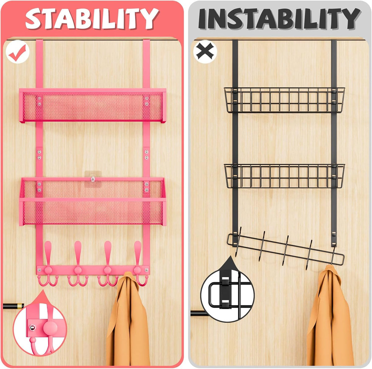 Over The Door Hooks Organizer, Coat Rack Over The Door Storage Hanger Towel Rack, Back of Door Storage Organizer for Bathroom,Bedroom,Kitchen,Office (Black, 3-Tier)