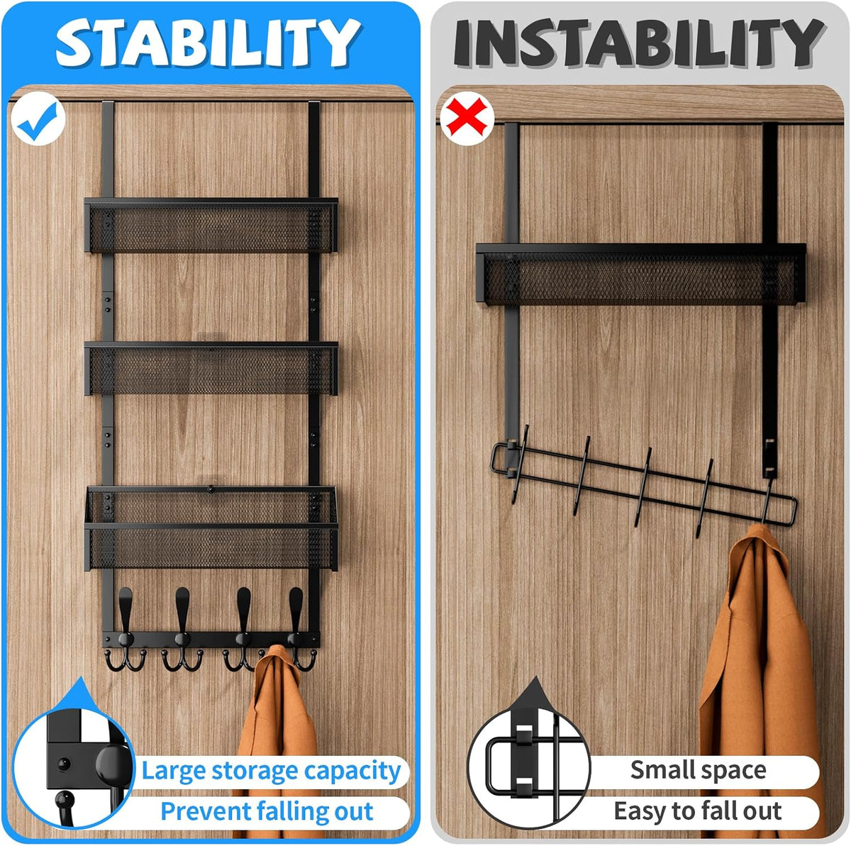Over The Door Hooks Organizer, Coat Rack Over The Door Storage Hanger Towel Rack, Back of Door Storage Organizer for Bathroom,Bedroom,Kitchen,Office (Black, 3-Tier)