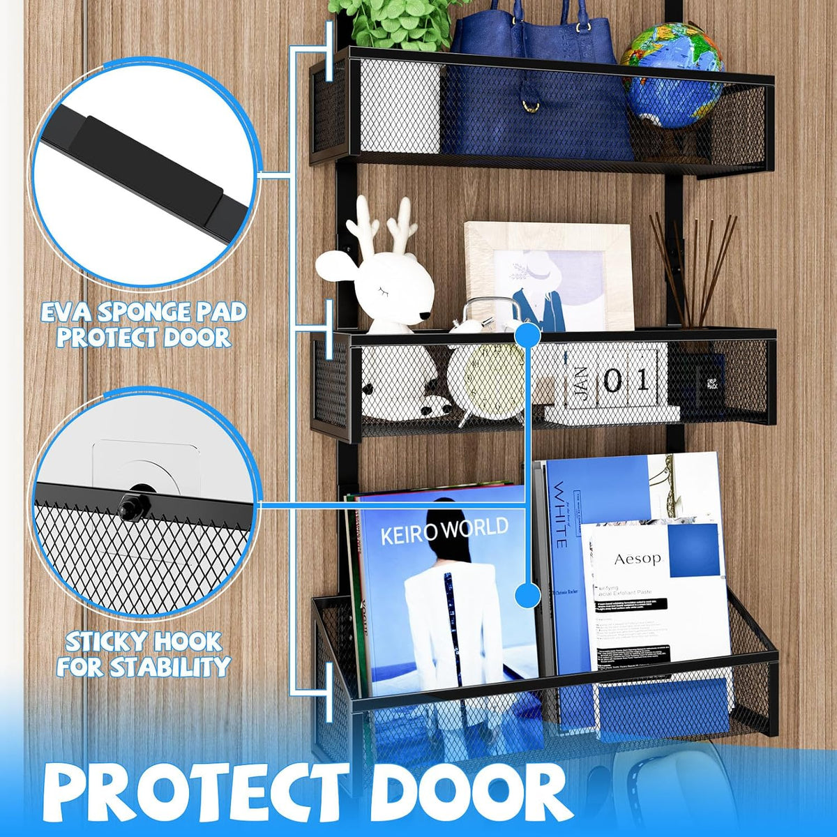 Over The Door Hooks Organizer, Coat Rack Over The Door Storage Hanger Towel Rack, Back of Door Storage Organizer for Bathroom,Bedroom,Kitchen,Office (Black, 3-Tier)