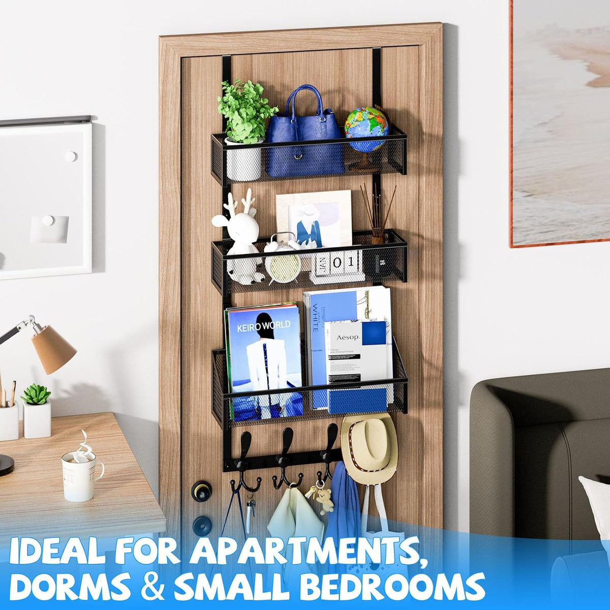 Over The Door Hooks Organizer, Coat Rack Over The Door Storage Hanger Towel Rack, Back of Door Storage Organizer for Bathroom,Bedroom,Kitchen,Office (Black, 3-Tier)