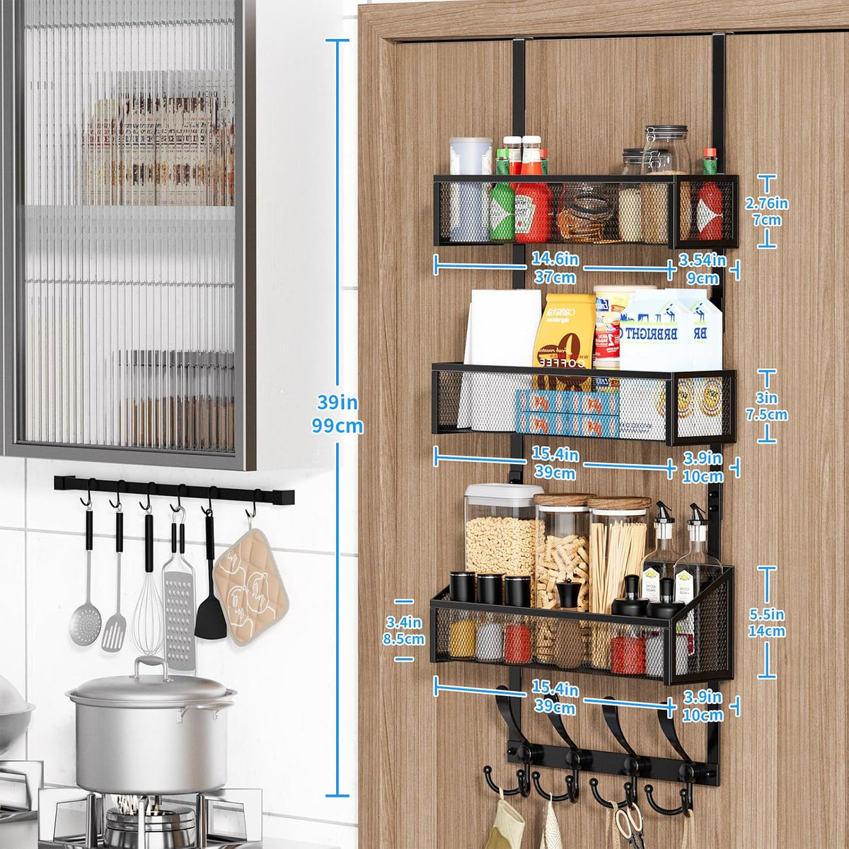 Over The Door Hooks Organizer, Coat Rack Over The Door Storage Hanger Towel Rack, Back of Door Storage Organizer for Bathroom,Bedroom,Kitchen,Office (Black, 3-Tier)