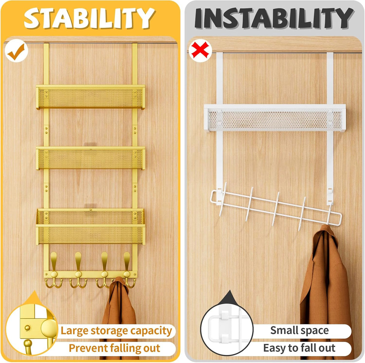 Over The Door Hooks Organizer, Coat Rack Over The Door Storage Hanger Towel Rack, Back of Door Storage Organizer for Bathroom,Bedroom,Kitchen,Office (Black, 3-Tier)