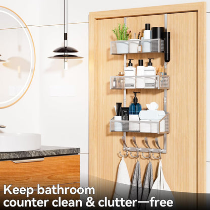 Over The Door Hooks Organizer, Coat Rack Over The Door Storage Hanger Towel Rack, Back of Door Storage Organizer for Bathroom,Bedroom,Kitchen,Office (Black, 3-Tier)