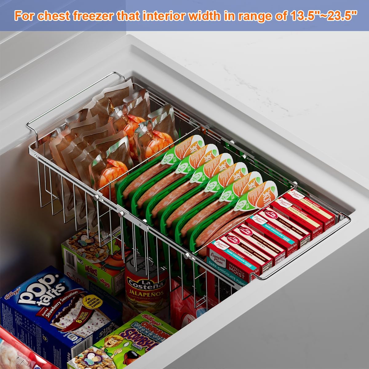 Large Freezer Baskets for Chest Freezer with Dividers, Deep Freezer Organizer Bins Expandable 15.5"~24.5", Hanging Storage Container Baskets for Chest Freezer Sort Frozen Meats