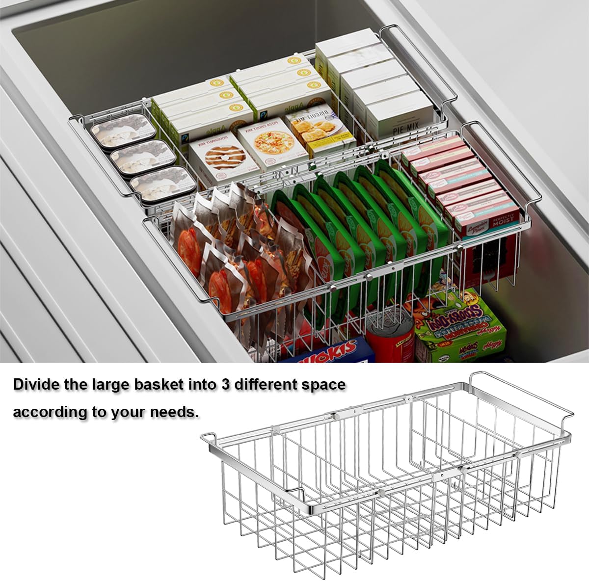 Large Freezer Baskets for Chest Freezer with Dividers, Deep Freezer Organizer Bins Expandable 15.5"~24.5", Hanging Storage Container Baskets for Chest Freezer Sort Frozen Meats