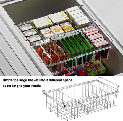 Large Freezer Baskets for Chest Freezer with Dividers, Deep Freezer Organizer Bins Expandable 15.5"~24.5", Hanging Storage Container Baskets for Chest Freezer Sort Frozen Meats